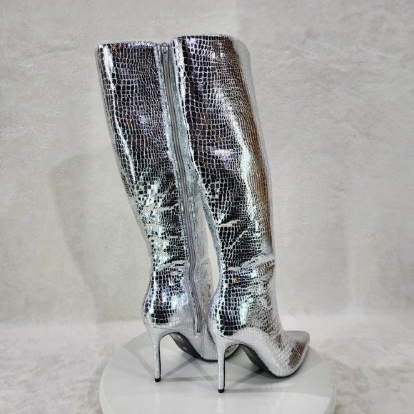 Silver Metallic  Festive   Pointy Toe Boots With 4 inch Stiletto Heel - Picture 11 of 11